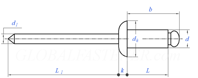 Technical line drawing of a 4.8 x 8mm A2 stainless steel blind dome rivet
